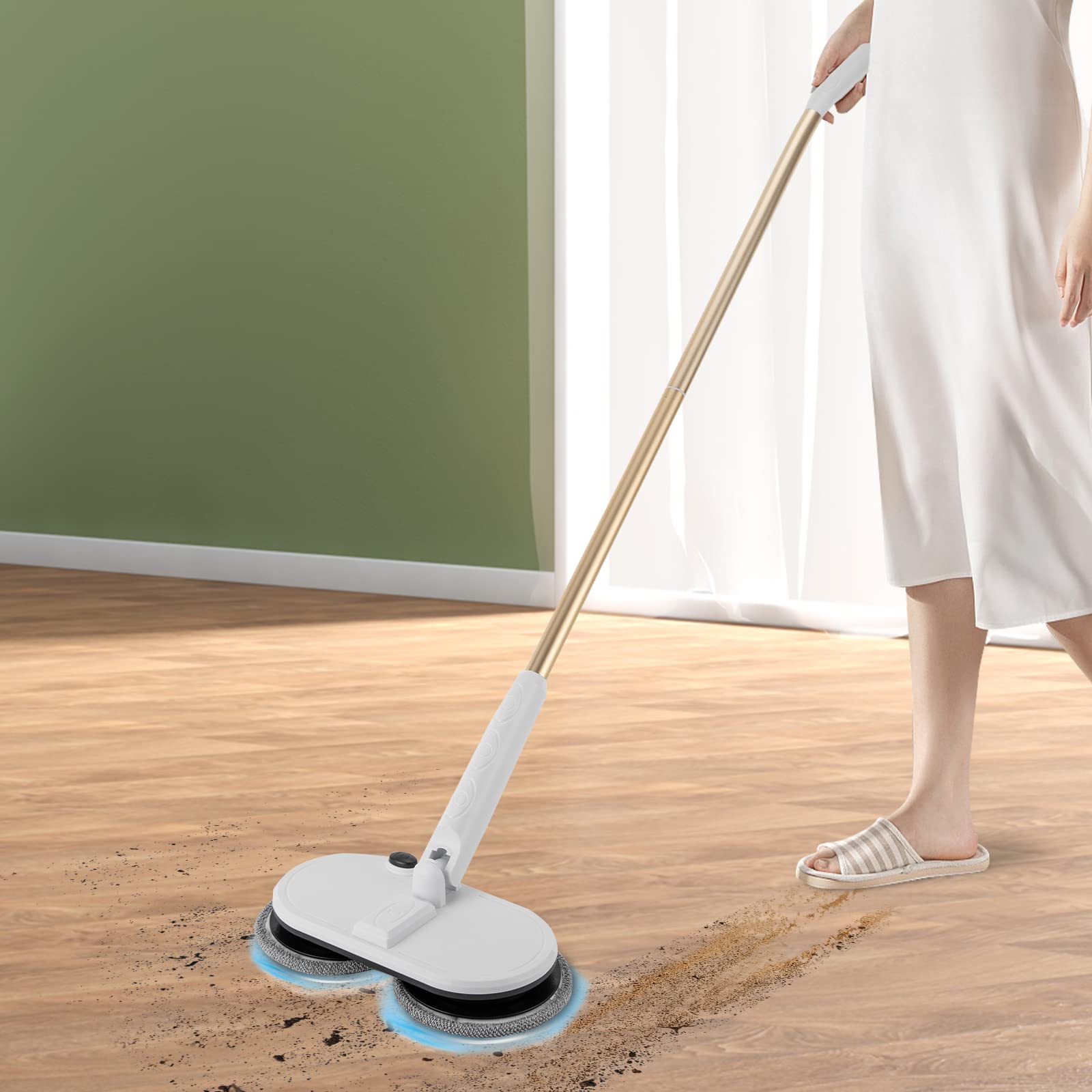 Mopa giratoria eléctrica con almohadillas giratorias dobles, limpiador de suelos de 150 RPM para madera dura y azulejos, más de 60 minutos de tiempo de funcionamiento, diseño ligero y