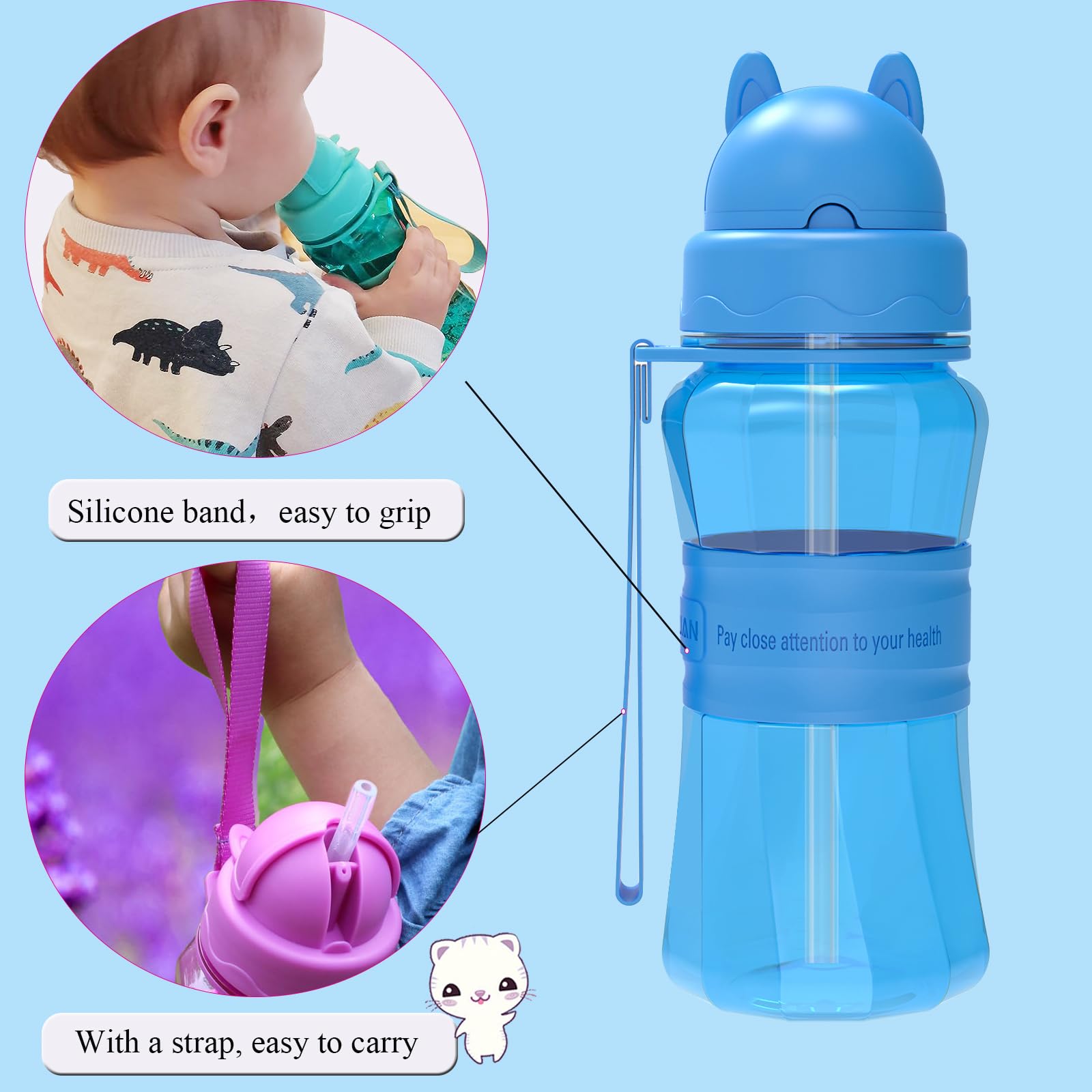 Bottiglia per l'acqua Bambini con cannuccia senza BPA Tritan a Prova di perdite Borracce Bambini con Tracolla per Asilo, Scuola, Casa, Escursionismo e Attività all'aperto (Blu)