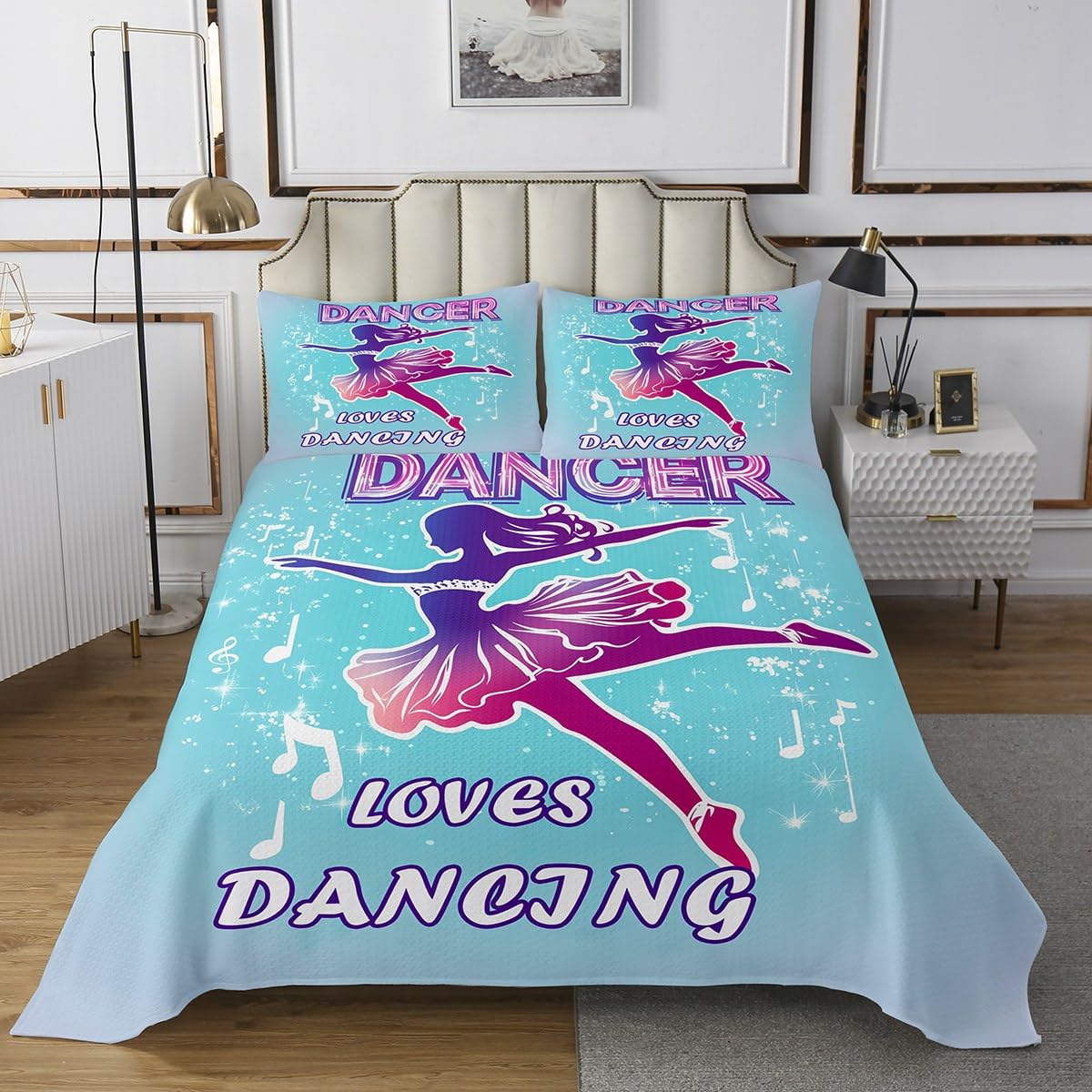 Dancing Girl Quilt Bedding Set King,Ballet Lover Girl Princess Silhouette Coverlet Bedspread,Fashion Music Notetion Bedding Bed Cover,Dreamy Blue Purple Bedspread Set (1 Quilt+ 2 Shams)