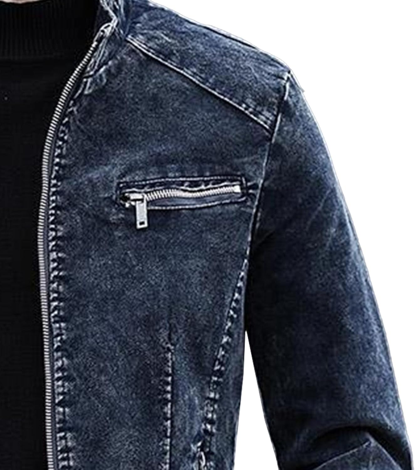 Men's Full Zipper Denim Jackets Long Sleeve Solid Color Cowboys Coats Fall Winter Stand Collar Slim Fit Outwear