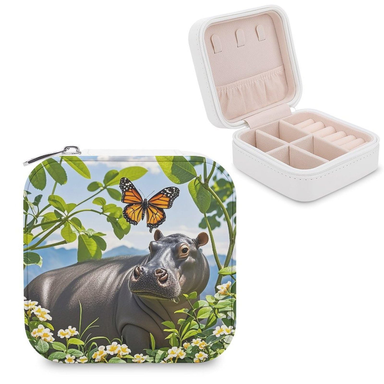 FekiLoot Butterfly And Hippo Jewelry Case Personalized Leather Jewelry Box Mini Travel Jewelry Case Small Portable Jewelry Organizer for Ring Earrings Necklace Bracelet