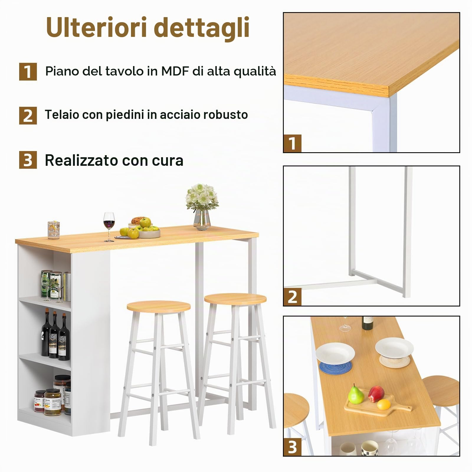 sogesfurniture BHEU-GCBG1022 - Tavolino da bar con 3 ripiani, struttura in metallo, 2 sgabelli, 120 x 55 x 100 cm