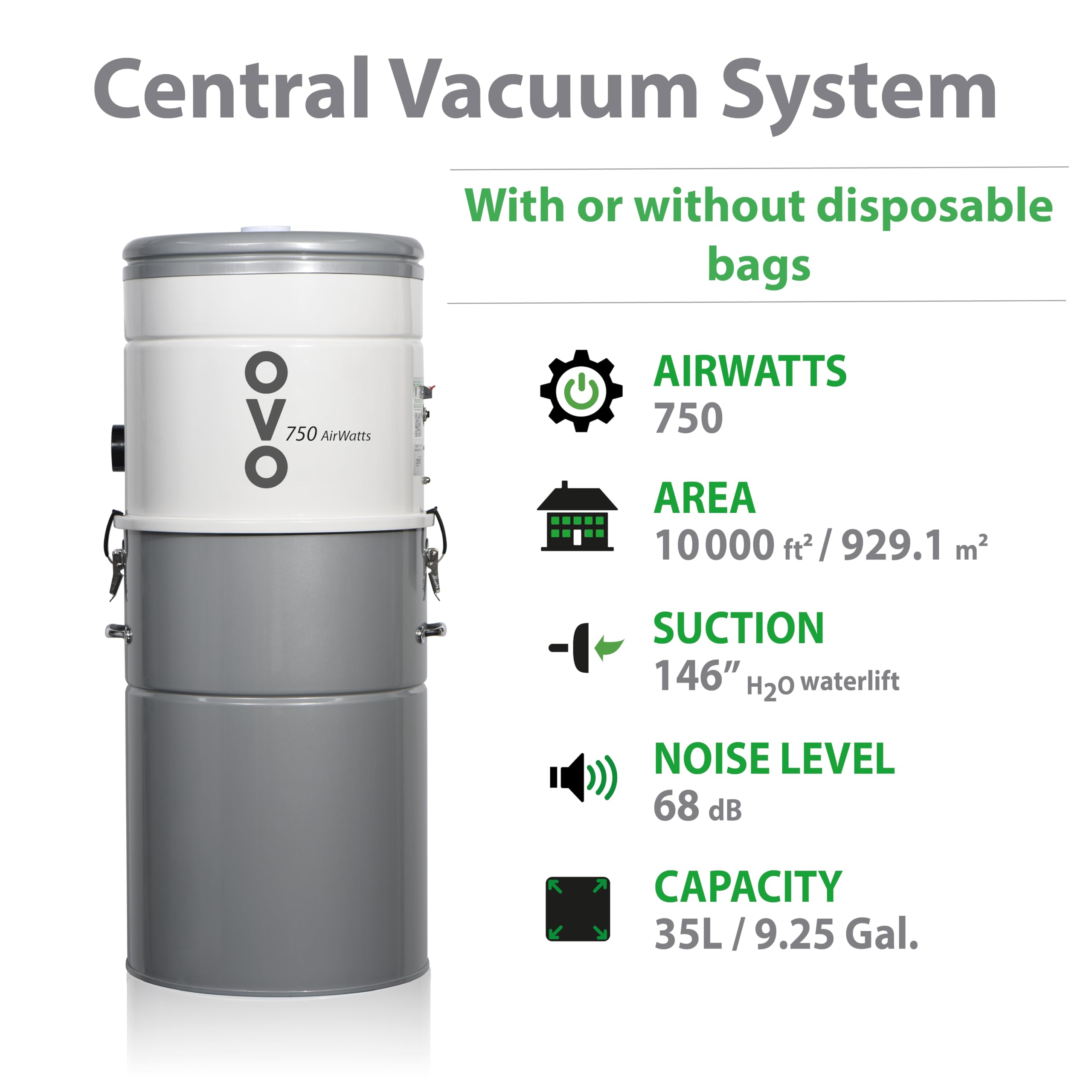 OVO Heavy Duty Powerful Central Vacuum System, Hybrid Filtration (with or Without Disposable Bags) 35L or 9.25Gal, 750 Airwatts with 35ft Carpet Deluxe Accessory kit Included