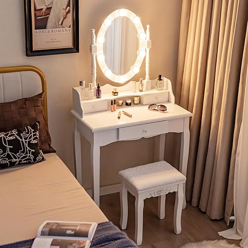 Miniatura 8 de CHARMAID Juego de tocador con espejo iluminado, mesa de maquillaje con 10 bombillas LED regulables, 3 cajones, 2 divisores, moderno tocador para