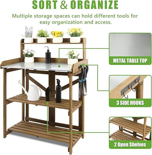Miniatura 4 de PetsCosset Mesa de banco plegable para macetas de jardín, estación de trabajo de madera al aire libre con mesa de metal, estante de almacenamiento