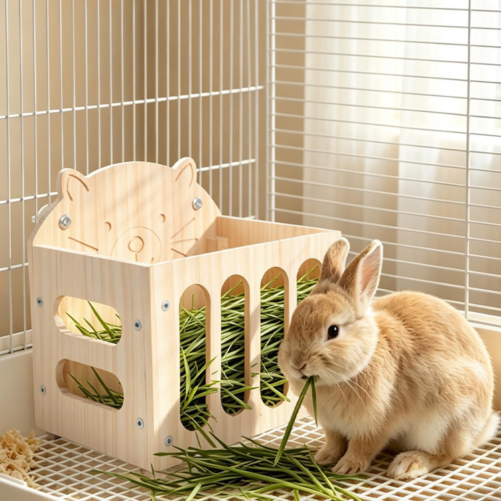 Supporto per fieno, in legno, grande, da appendere, per gabbia per criceti | Dispenser per fieno a forma di coniglietto per piccoli animali, cincillà, siepe, per interni ed esterni, balcone