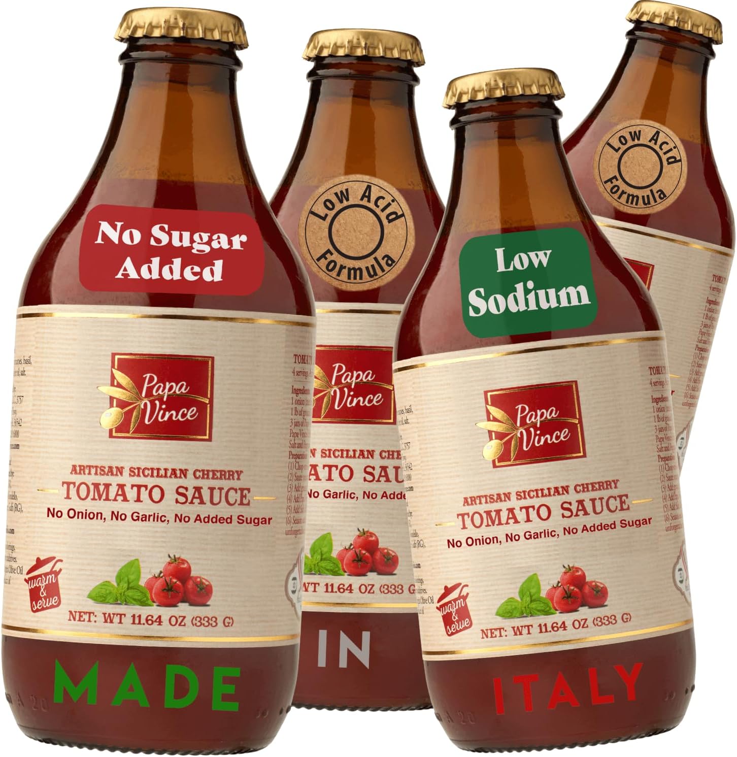 4 Bottles - Sicilian Cherry Tomato Sauce - Sun-ripened, Hand-Picked Cherry Tomatoes Picked at Perfect Ripeness - Naturally Sweet - No Added sweeteners - Naturally Low Acidity