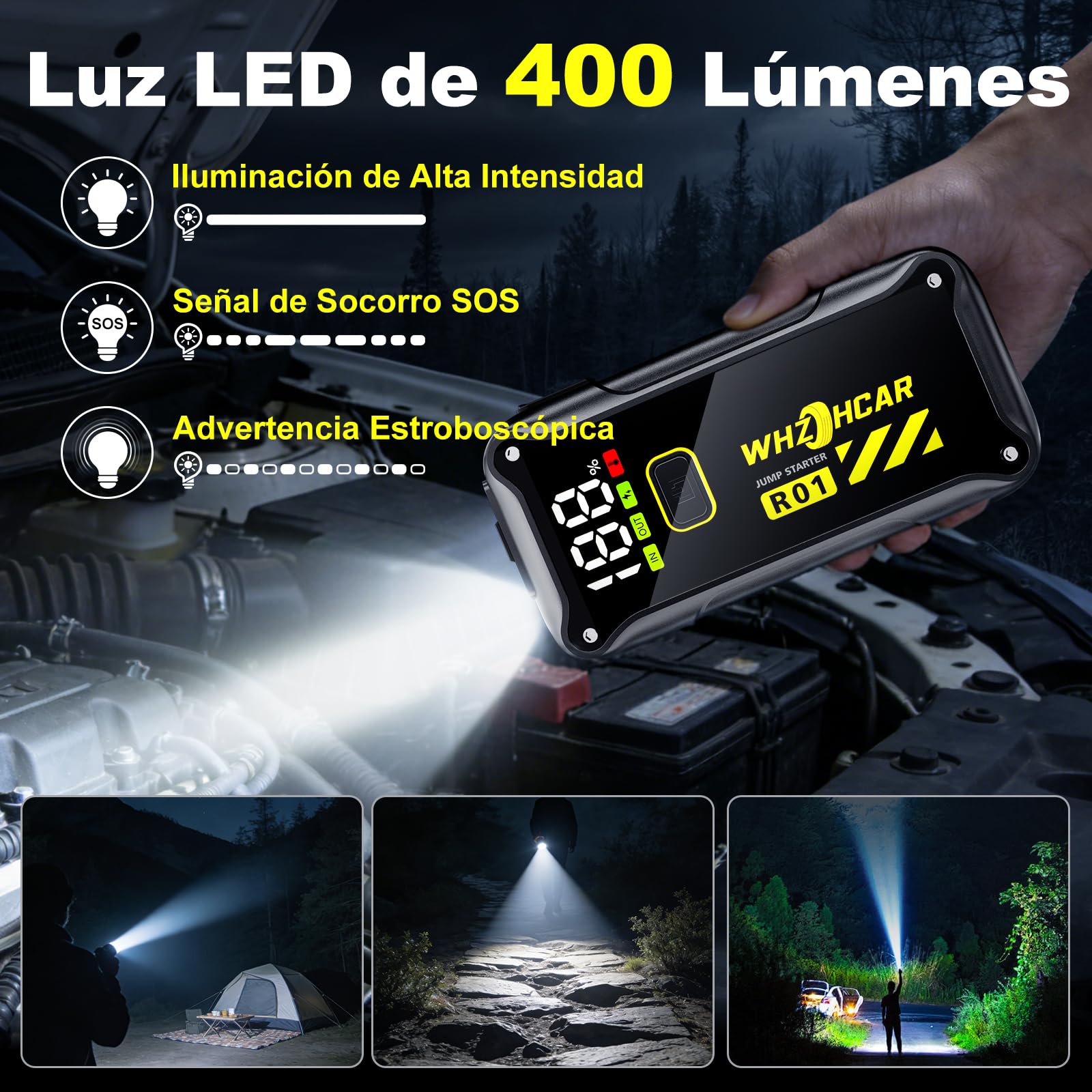 Arrancador de Coches 7000A 12V Arrancador de Baterias de Coche (para 10.0L de Gasolina o 8L de Diésel) Jump Starter Portátil con Linterna LED, USB Carga Rápida, Clips de Seguridad Inteligentes