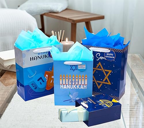 Miniatura 6 de Nihuecne Paquete de 12 bolsas de regalo de Hanukkah de varios tamaños con etiquetas, bolsas de regalo con papel de seda para regalo de Hanukkah,