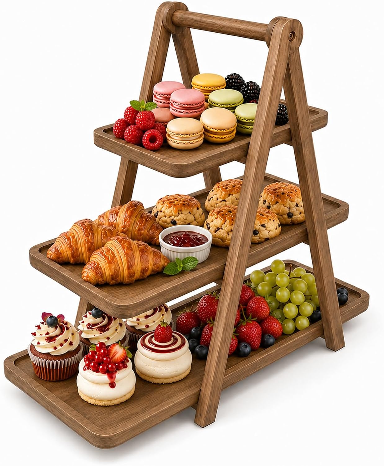 Acacia Wood 3 Tier Foldable Serving Tray, Farmhouse Tiered Display Stand for Charcuterie, Cheese, Desserts & Snacks, Wooden Organizer for Kitchen Counter, Coffee Bar and Party Entertaining