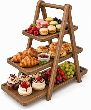 Acacia Wood 3 Tier Foldable Serving Tray, Farmhouse Tiered Display Stand for Charcuterie, Cheese, Desserts & Snacks, Wooden Organizer for Kitchen Counter, Coffee Bar and Party Entertaining