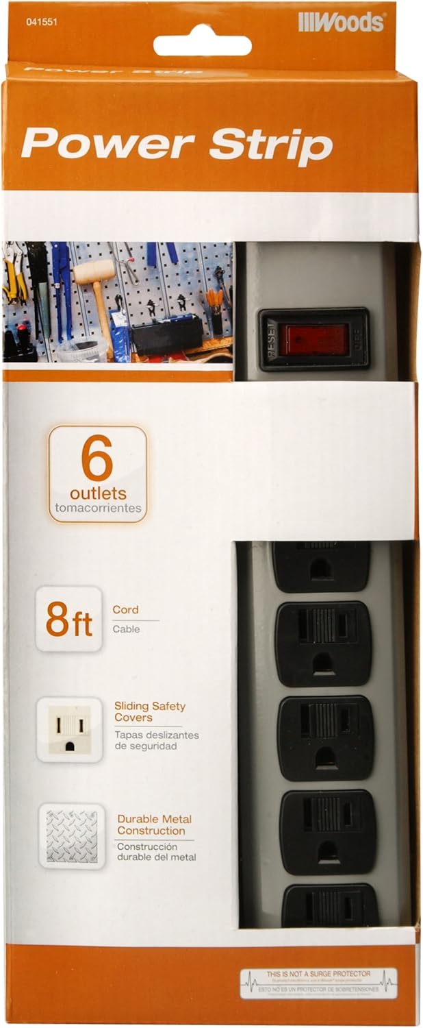 Woods 41551 6-Outlet Metal Power Strip with 8-Foot Cord; Light Grey