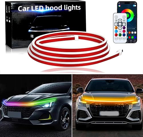 JMTBNO Tira de luz LED para capó de automóvil, 59 pulgadas, RGB exterior, flexible, 12 V, multicolor, universal, cubierta de capó de motor, tira de