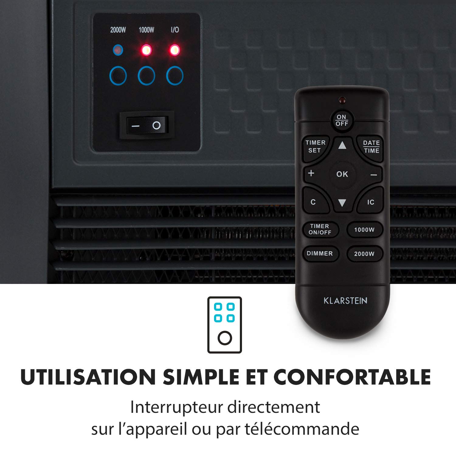 KLARSTEIN Chamonix - Cheminée électrique Effet Flamme, 2000 W, Chauffage séparé, 2 Niveaux de Puissance, 5 Niveaux de luminosité, Thermostat, minuterie hebdomadaire, Protection Anti surchauffe, Blanc