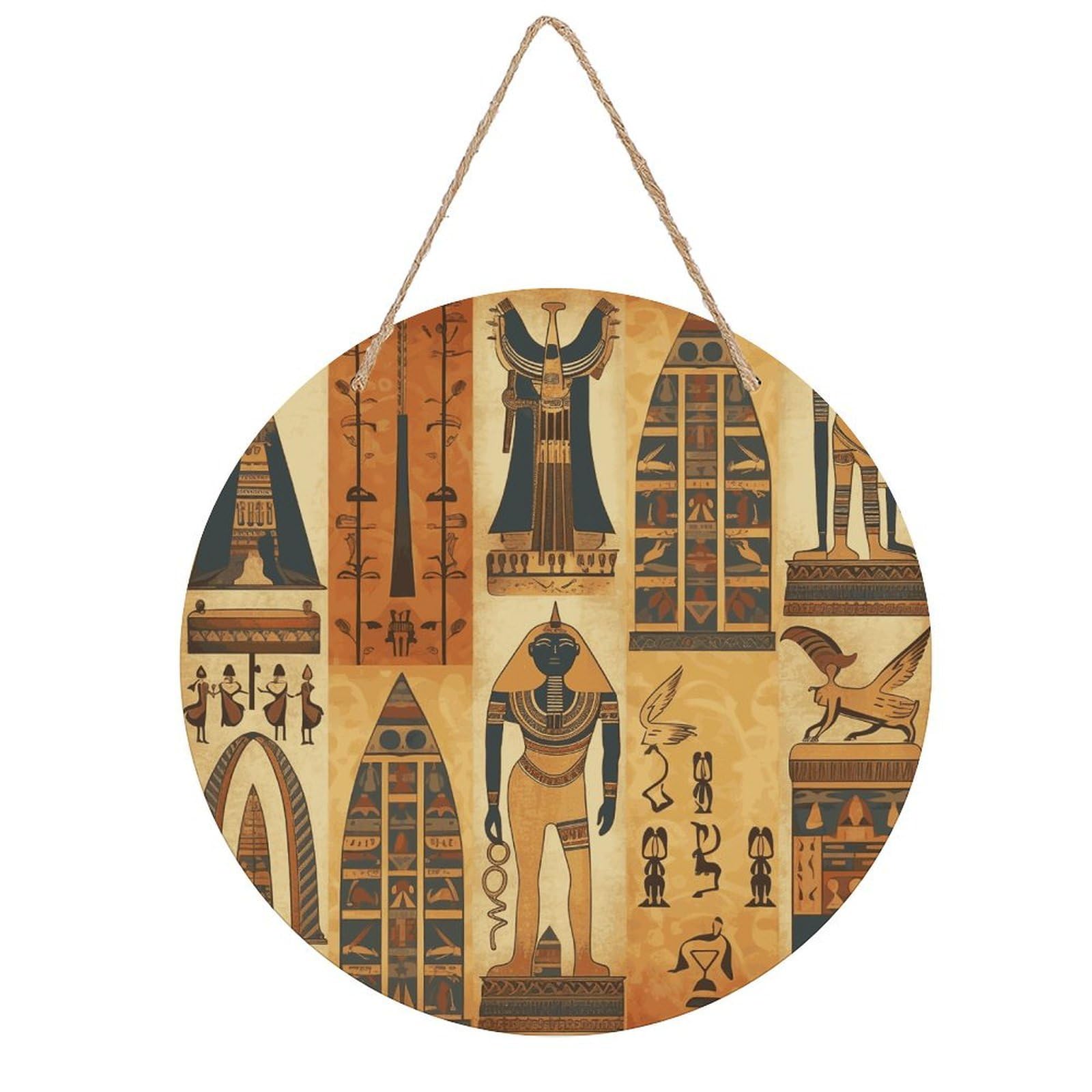 FekiLoot Ancient Egypt Tribe Series Wall Art Decor Rustic Vintage Hanging Wall Sign Aesthetic Welcome Door Sign with Rope, Round Wood Walls Decoration Picture for Home Front Door 7.9x7.9 in
