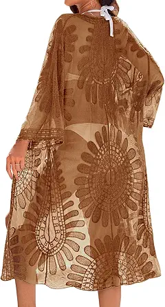  Womens Kimono Mesh Swimsuit Coverup Lace Embroidered Long Beach Cover Ups 3/4 Sleeve Tie Front Summer Cardigan