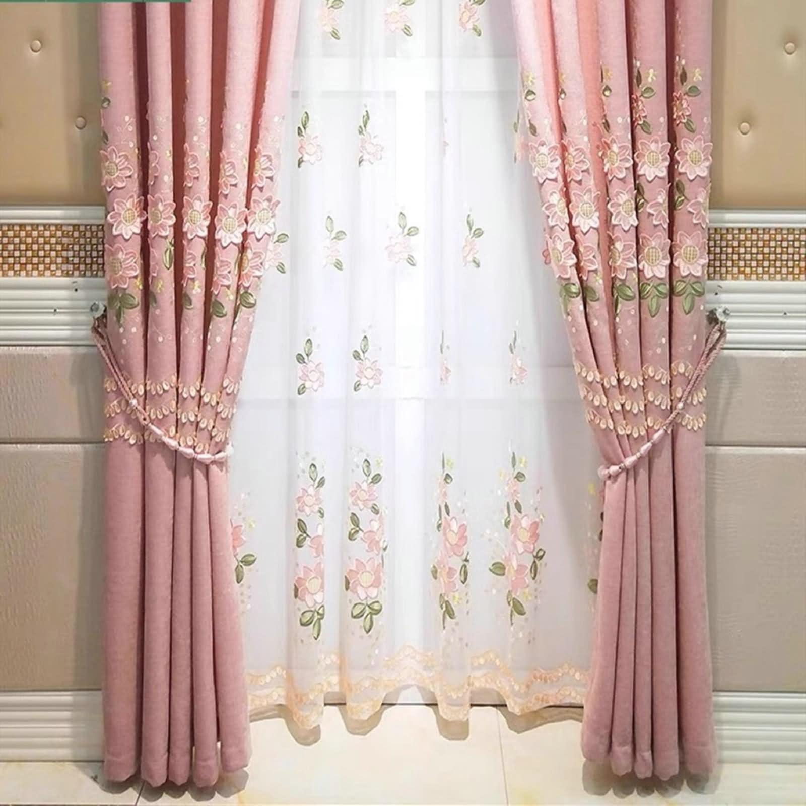 Rideau Exterieur Terrasse, Rideau Occultant Chambre Rose Fleurs et Feuilles Brodées Chenille Lot de 2 86W x 115L cm