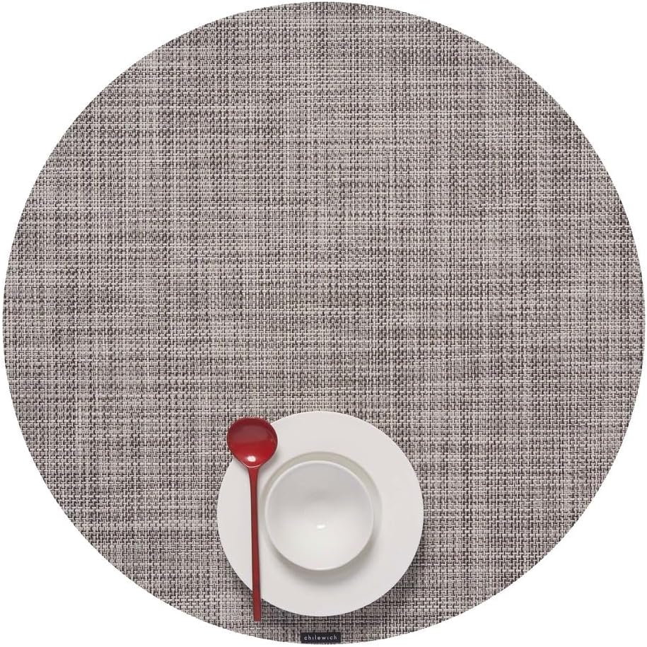 Chilewich Mini Basketweave Placemats in Gravel - Set of 4 - Easy Care Woven Tabletop Textiles - Indoor/Outdoor - 15" Round