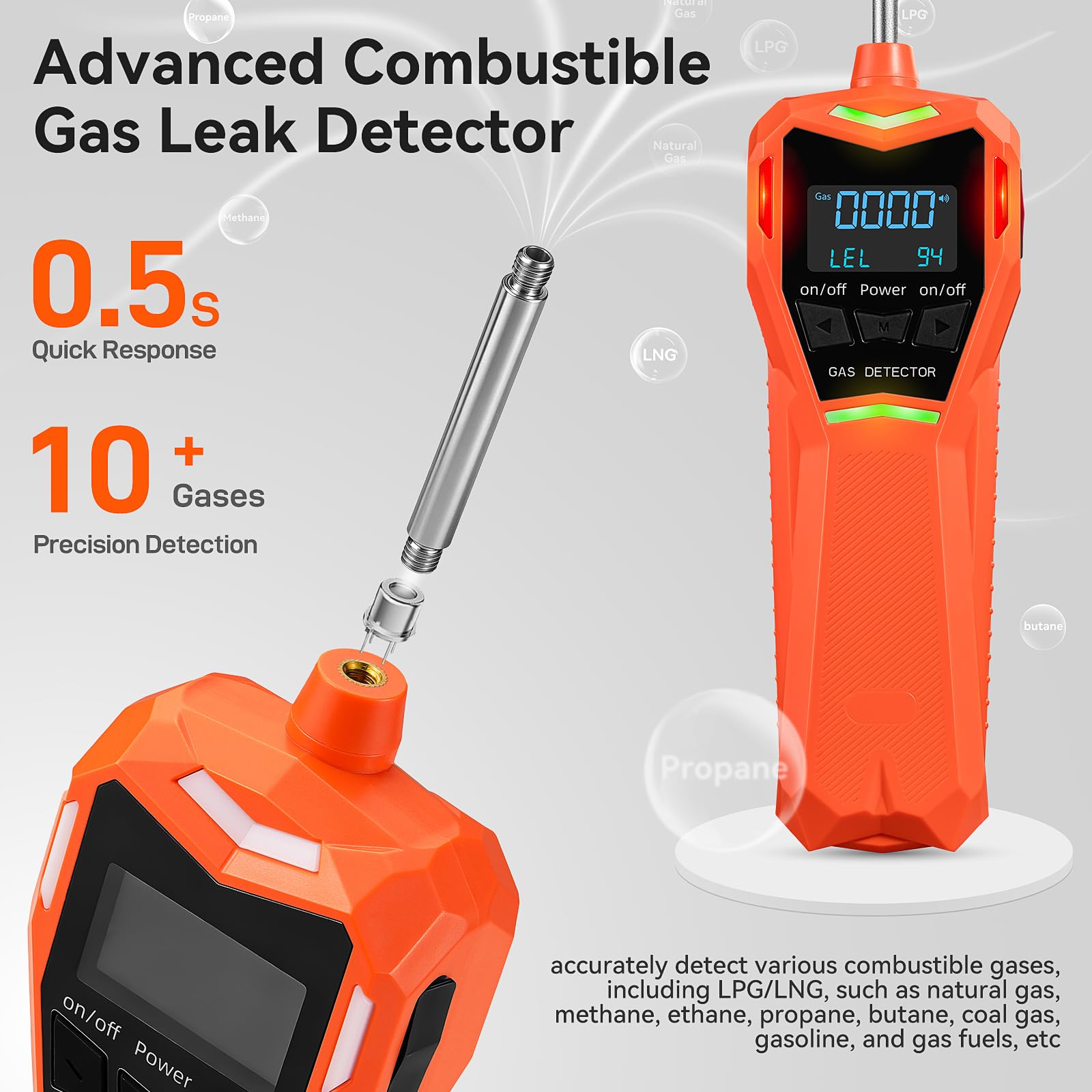 Detector de gas recargable, detector de gas natural con clip trasero y 2 sondas, detector de fugas de gas combustible de propano metano butano para casa rodante industrial, pantalla LCD, alarma visual