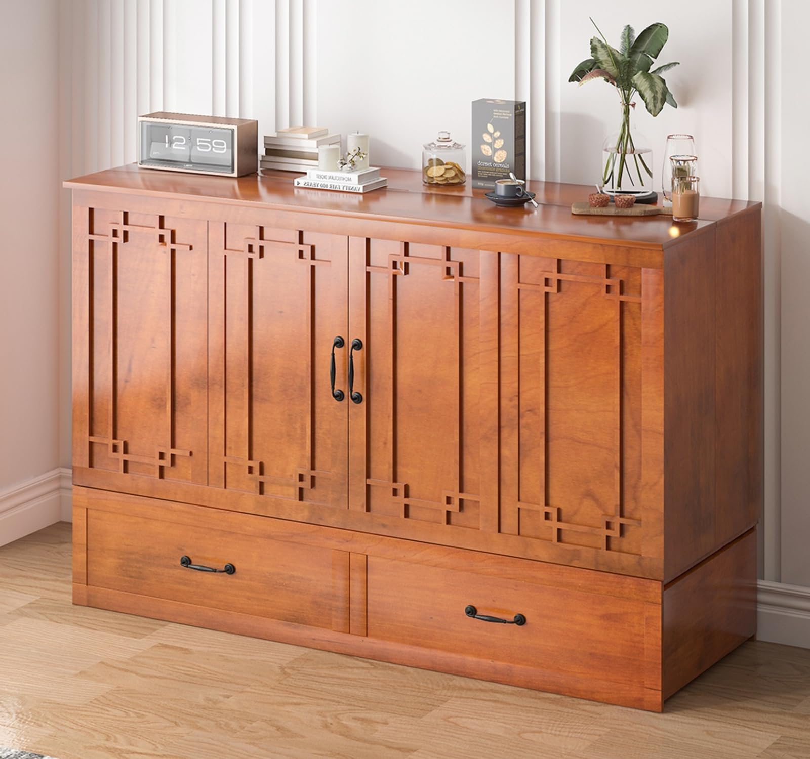 PUREMIND Murphy Bed Cabinet with Storage Drawers, Queen Murphy Cabinet Beds with Mattress, Murphys Cube Chest Bed with USB Charging Station and