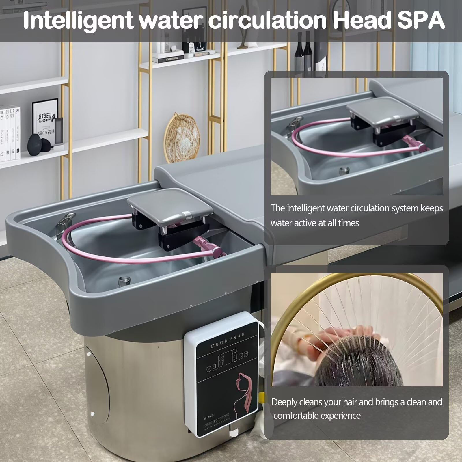 Salon Head SPA Shampoo-Liege - Professionelles, Elegantes, modernes, grau-metallisches Design, Beauty-SPA-Ausstattung mit Wasserzirkulation und geräumigem Stauraum (Schwarz)