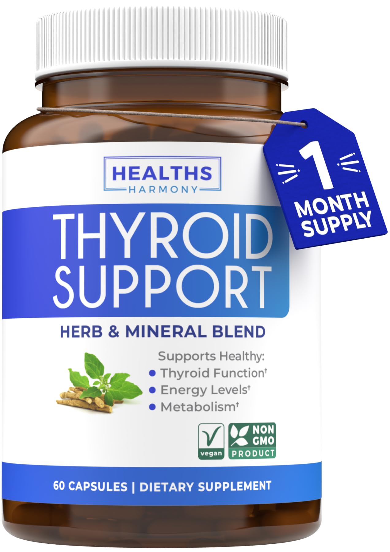 Thyroid Support with Iodine (Non-GMO) Improve Your Energy & Mood - Metabolism Booster Thyroid Health Supplement for Women and for Men - Ashwagandha, Zinc, B12 Complex - 60 Capsules