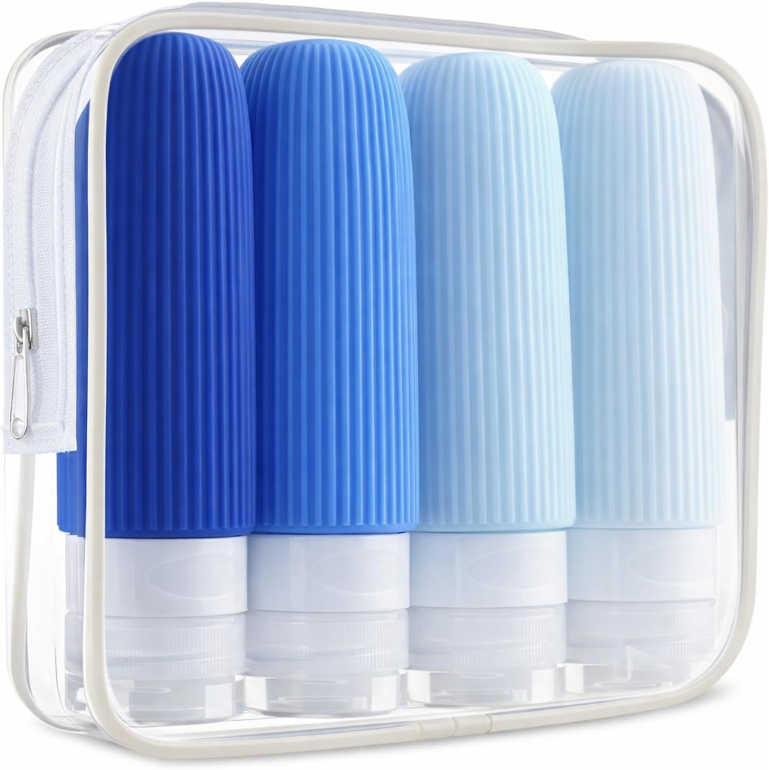 Kit Frascos de Viagem Silicone 4 Peças Canelado Antivazamento Recipientes Cosmeticos Shampoo Condicionador Creme Álcool em Gel Sabonete Maquiagem Portatil Reutilizavel Aviao Fácil de Apertar (Azul)