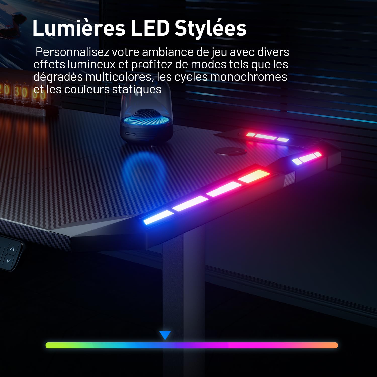 HLFURNIEU LED Bureau Assis Debout Electrique 160 x 60 cm, Bureau Gaming avec 2 Contrôle à Fonctions Mémoires, Table Reglable Hauteur avec Surface en Fibre de Carbone, Table Gaming Noir