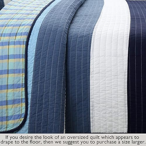 Miniatura 6 de Cozy Line Home Fashions Juego de ropa de cama reversible de 100% algodón a rayas azul marino, colcha (Preston, Queen, 3 piezas)