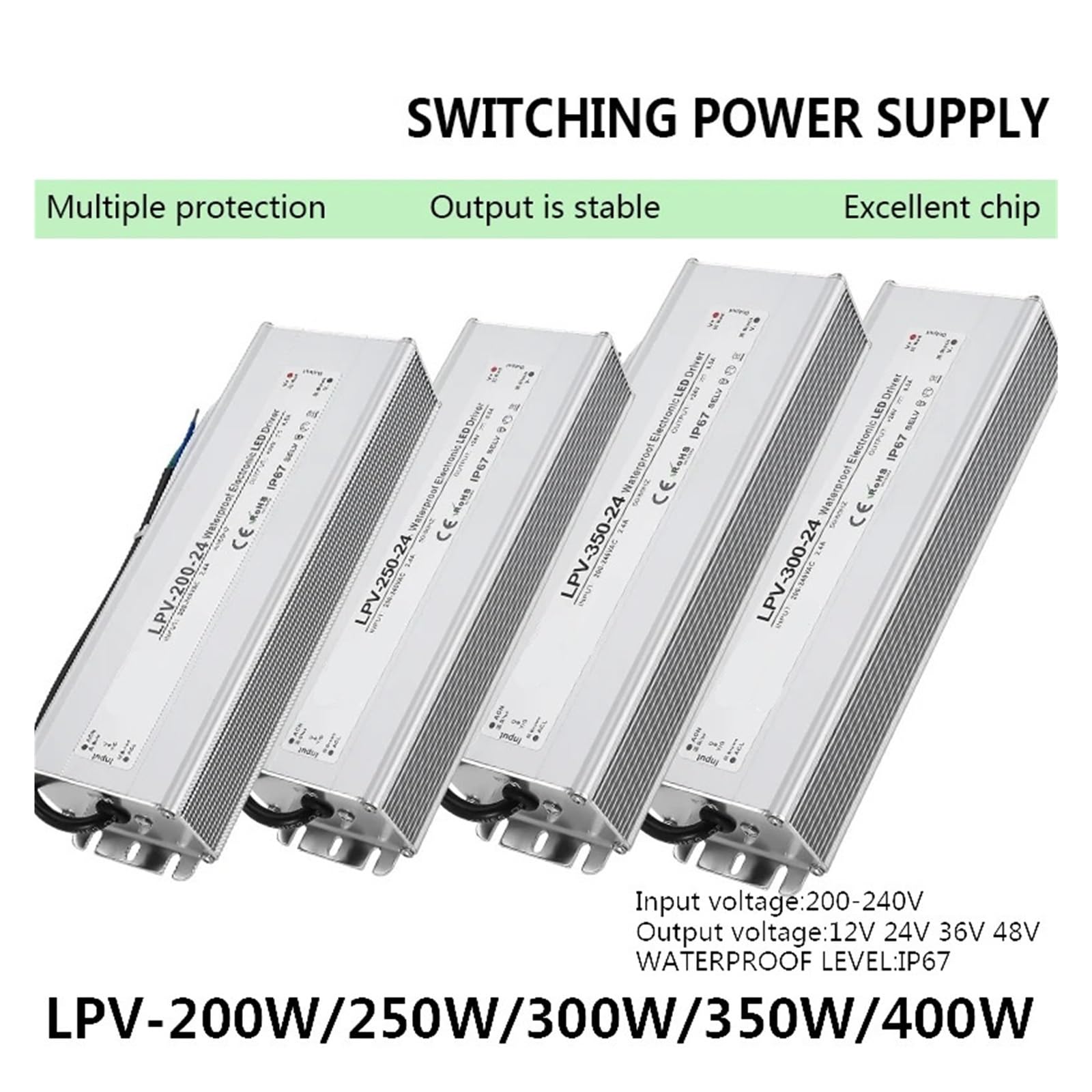 Fuente de alimentación conmutada Impermeable IP67, 200 W, 250, 300, 350, 400, CA/CC, 12 V, 24, 36, 48, Controlador Voltaje Constante | 36v-250w