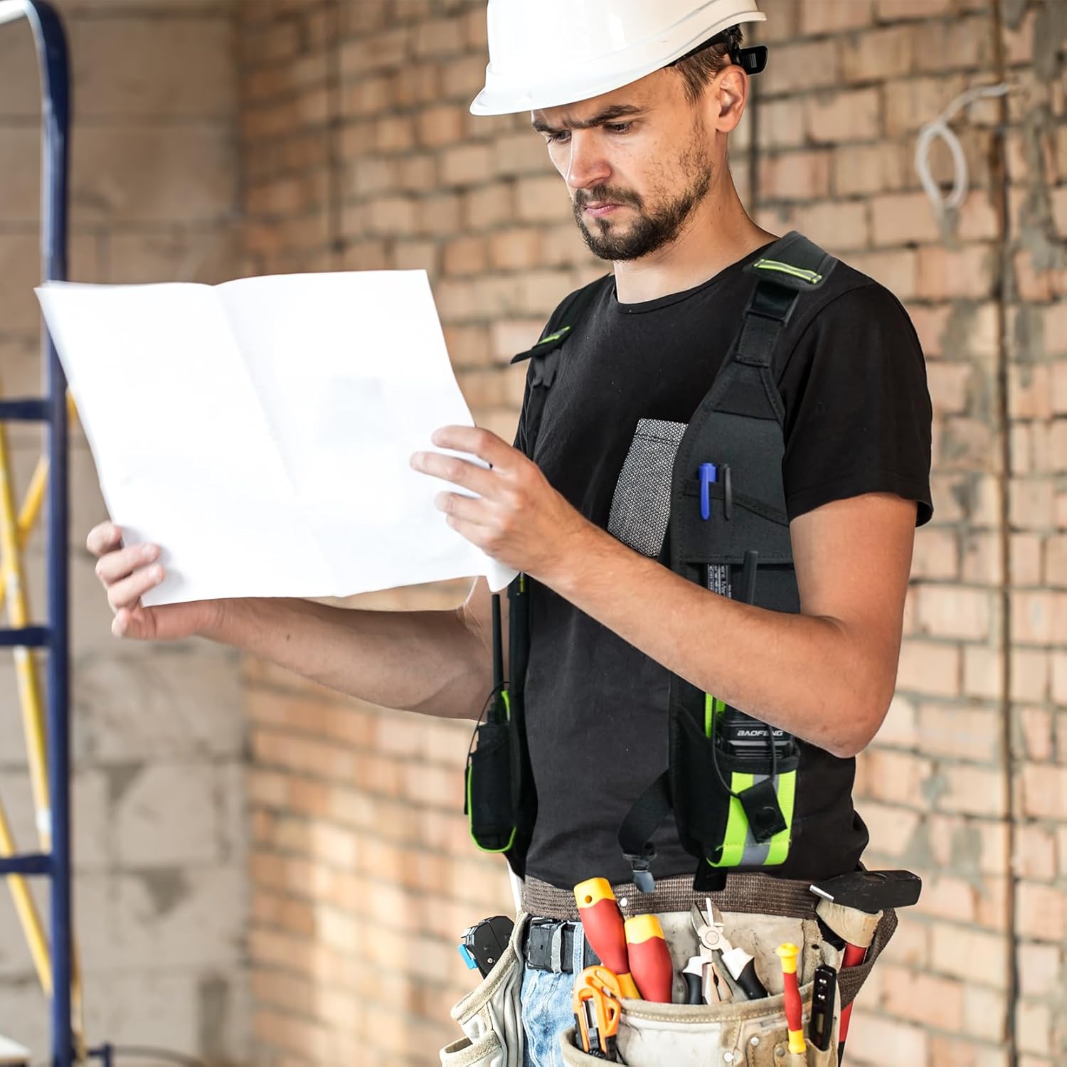 KUNN Universal Double Radio Shoulder Harness Holster with Reflective Pocket + Radio Holster with Chest Buckle