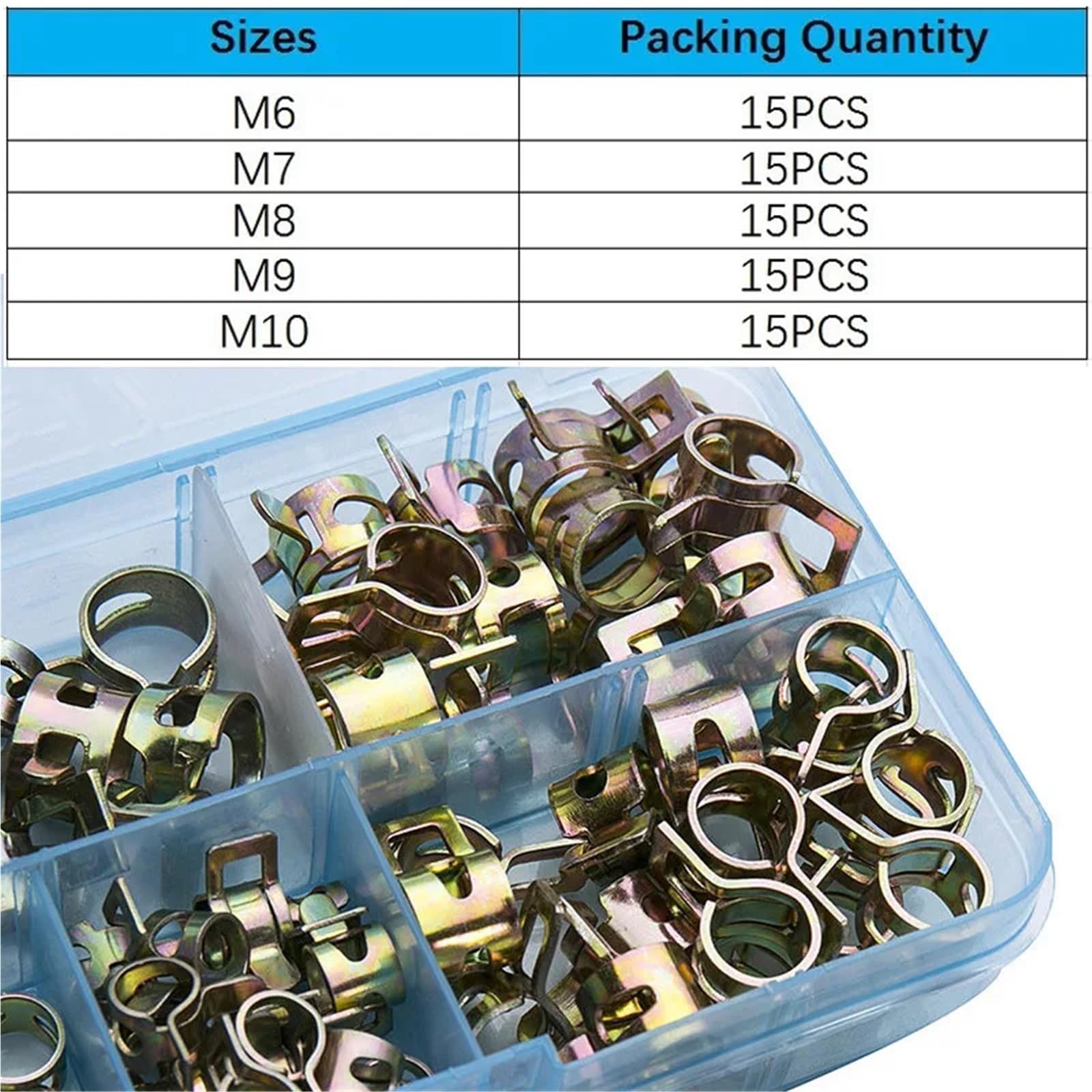 Juego de 75 60 piezas de 6-15 mm for manguera de CPU, aceite, combustible, agua, abrazadera de banda, sujeción metálica de acero al manganeso 65MN(75Pcs)