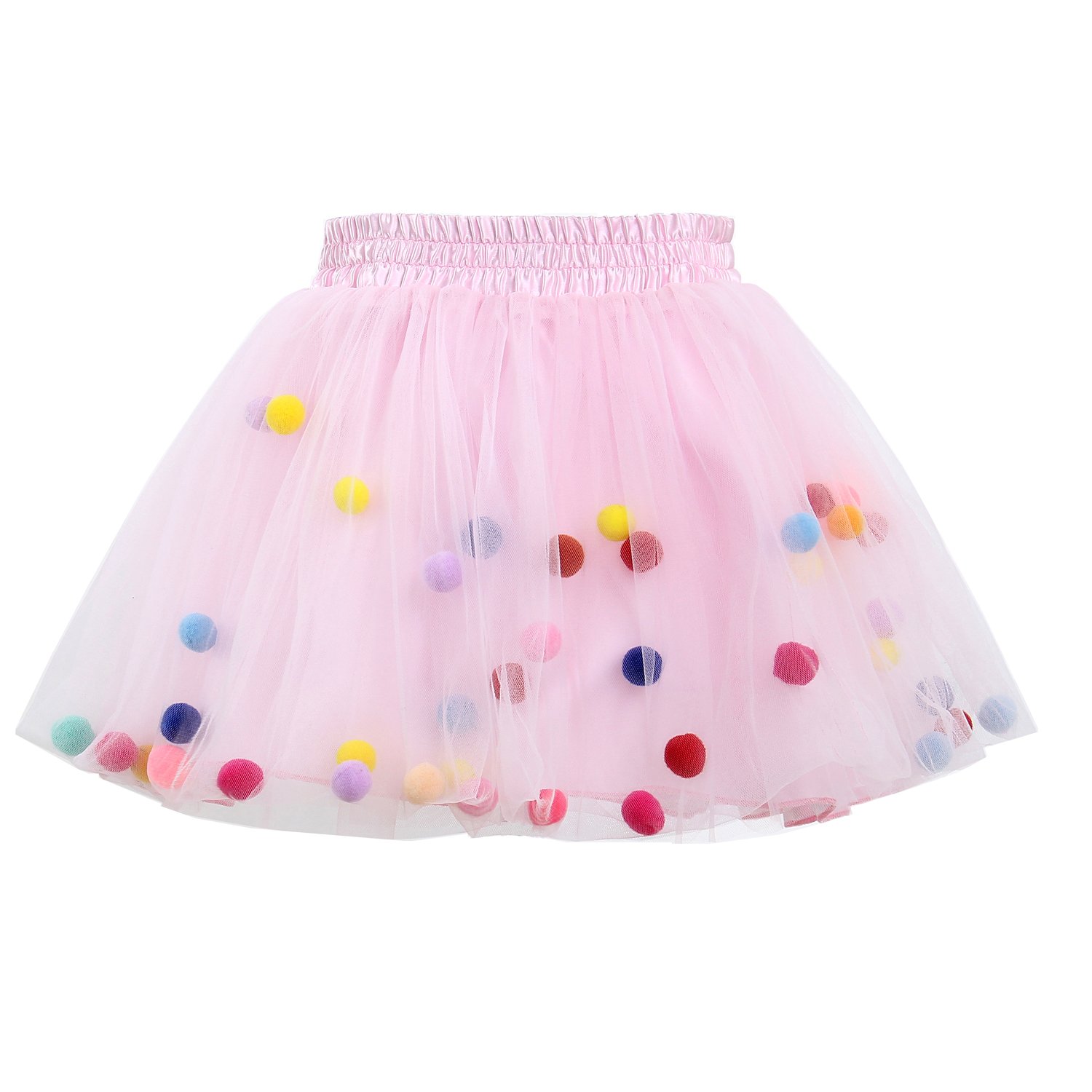 Tutu Skirt GoFriend Baby Girls Tulle Princess Dress 4-layer Fluffy Ballet Skirt with Little Pom Pom Puff Ball, Pink, Medium