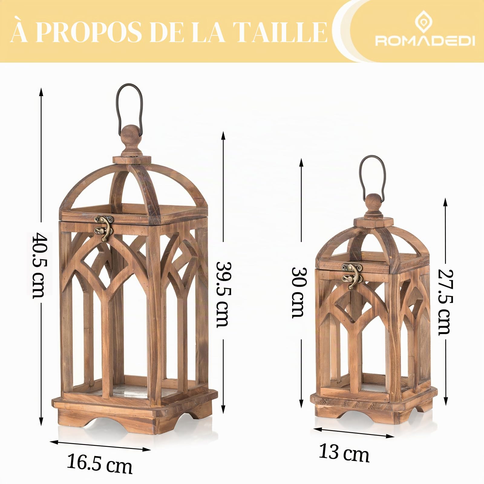 Romadedi Lot de 2 lanternes en Bois Marron à Toit Arrondi, 30/40 cm | Deux tailles pour bougies cylindriques, décoration de table, maison, mariage, jardin et extérieur couvert