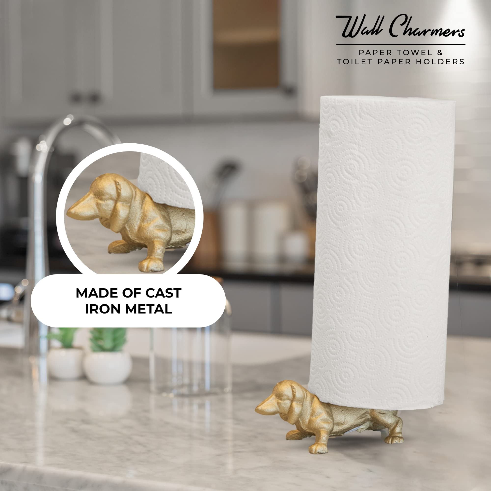 WallCharmers Gold Paper Towel Holder, Metal Toilet or Kitchen Paper Holder for Floor or Countertop Gold Dog - Image 2