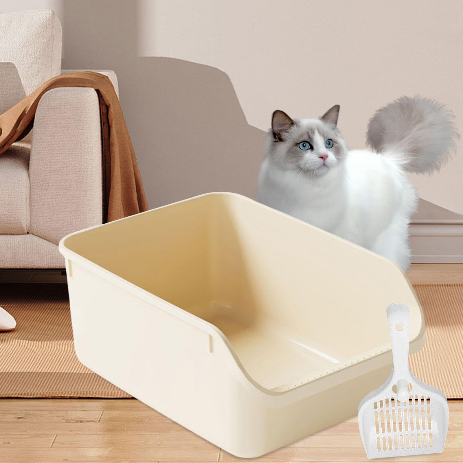 Offene Katzentoilette für Kätzchen, Katzenzubehör, Spritzschutz, Sandkasten, Halbgeschlossene Katzentoilette, Extra Groß, Beige