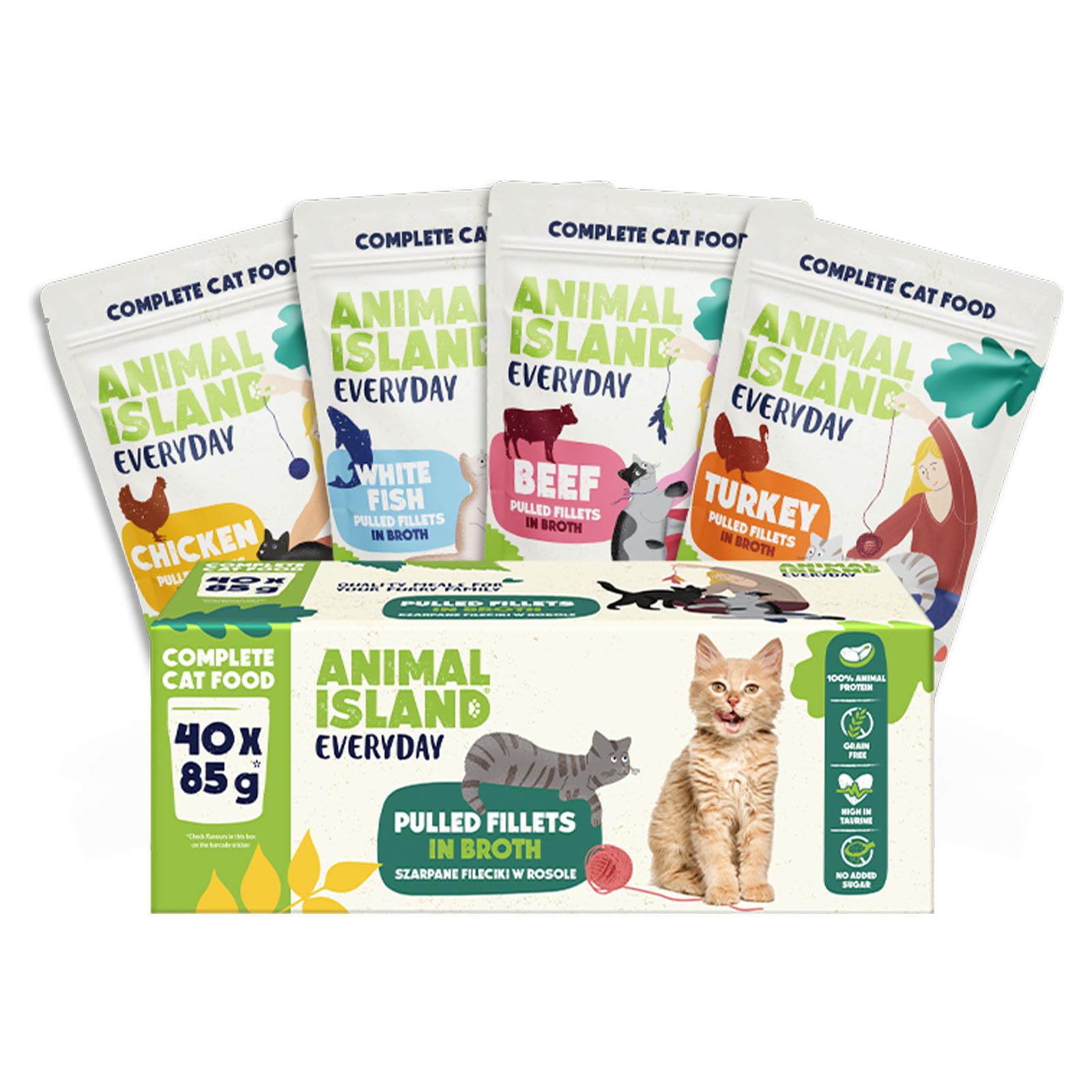 Animal Island Nourriture Humide pour Chat Adulte Coffret Mix Saveurs Filets en Bouillon Dinde Poisson Blanc Poulet Bœuf sans Céréales sans Sucre Multisachet, 40 x 85g