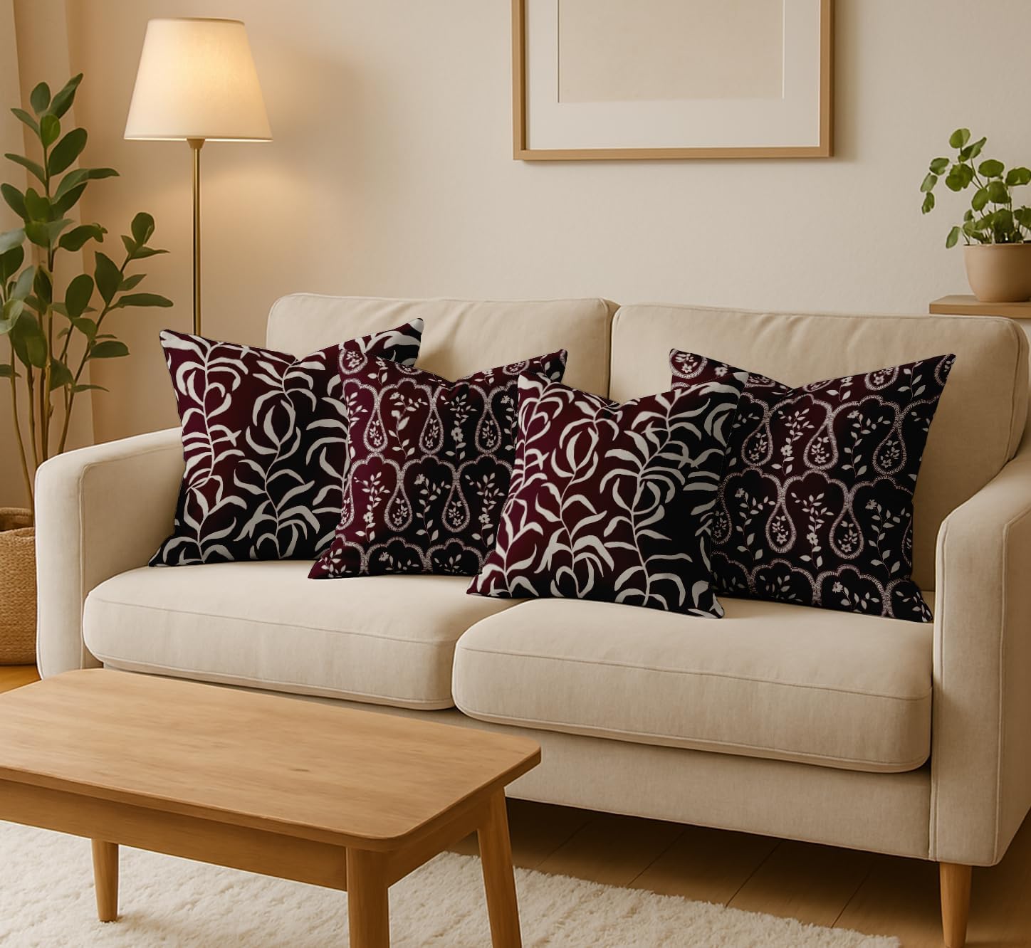 Leaves Design, Decorative Cushion Covers Set of 4-16x16 Inch, 100% Cotton, Printed on Both Sides, Hidden Zipper, Burgundy