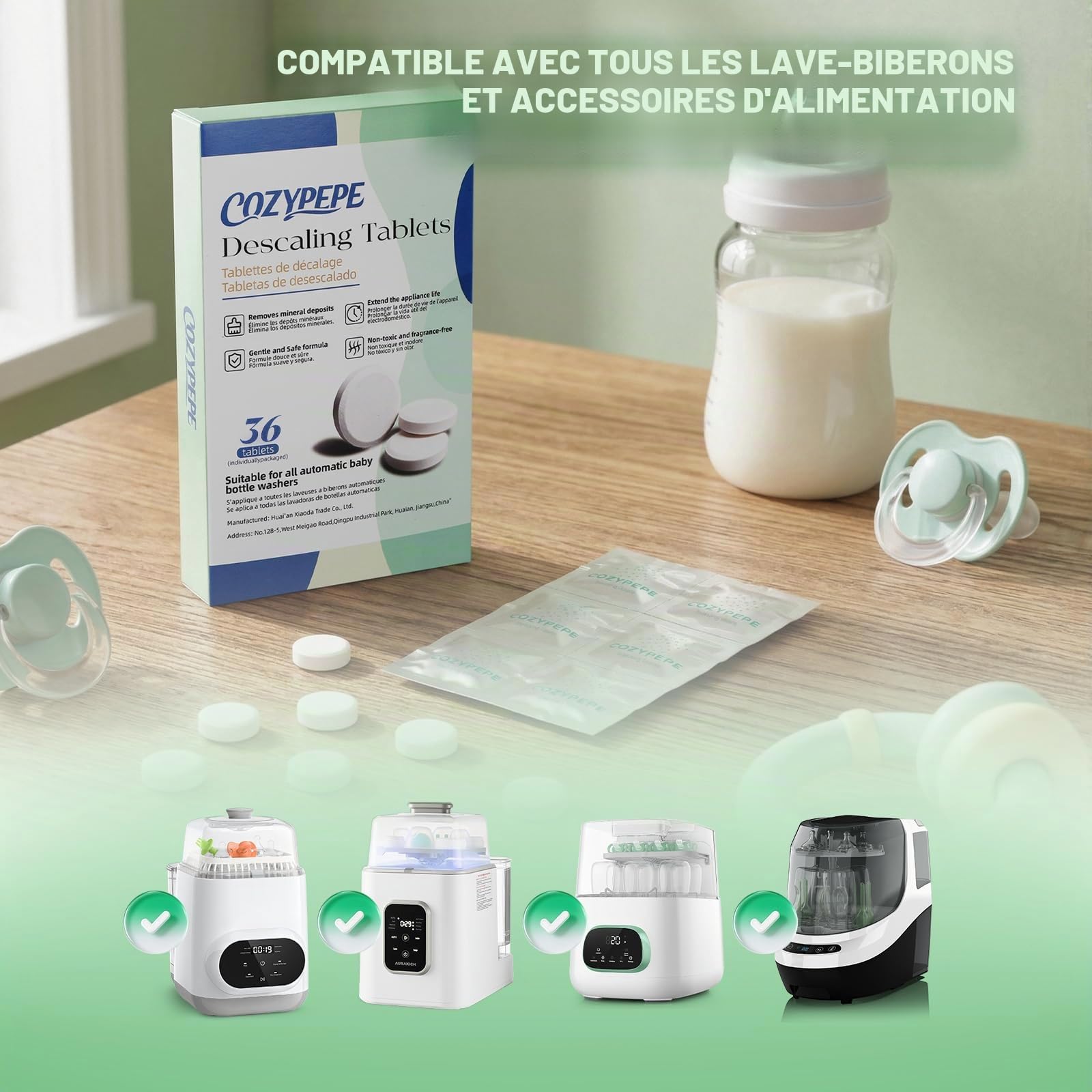 Comprimés de Décalkage pour Lave-Biberons, 36 Pièces – Convient à la Plupart des Modèles de Lave-Biberons – Efficace contre les Dépôts de Lait & la Tartre, Fonctionne avec Laveur, Réchauffeur, Stérili