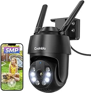 Codnida 5MP Outdoor WiFi Surveillance Camera, 2.4/5 GHz WiFi Camera Outdoor with Motion Sensor, Automatic Tracking, 24/7 Recording, Coloured Night Vision, IP66, 2-Way Audio, Black (Alexa Support) asin的图片