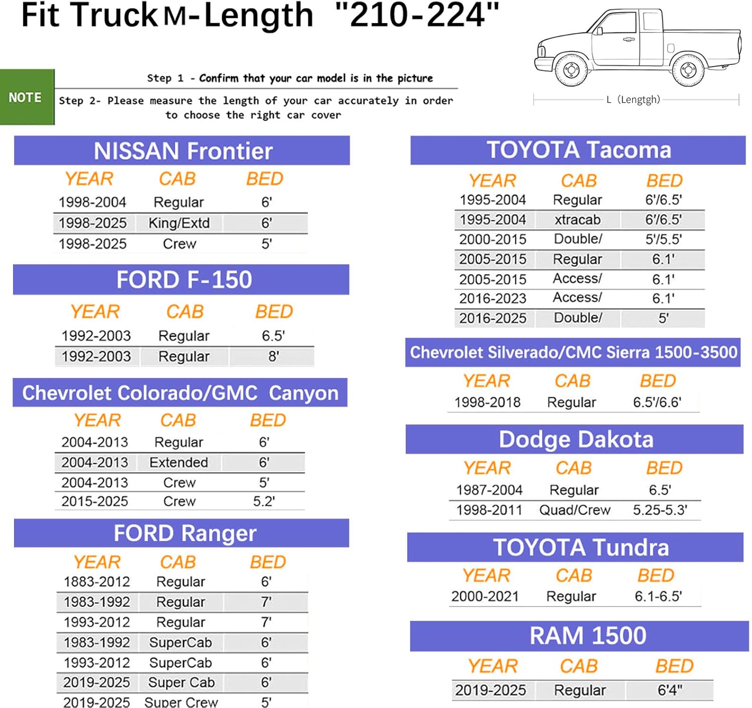 Truck Cover Waterproof All Weather, Full Outdoor Pickup Rain UV Protection and durable, Fit for Toyota Tacoma, Ford Ranger, Chevrolet Colorado, N-issan Frontier ect(Fit Truck M-Length 210 to 224 inch)