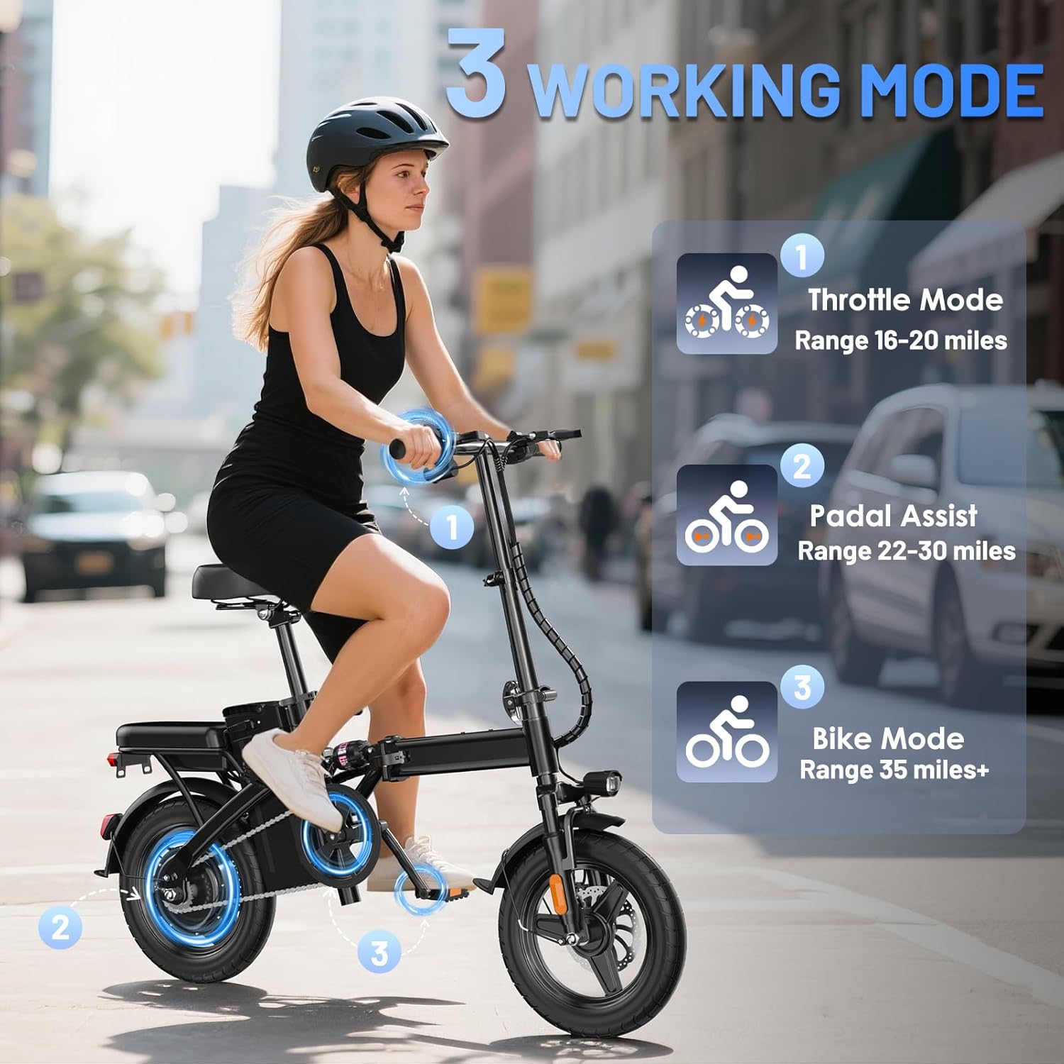 Woman riding RPINT E14 Electric Bike, illustrating three riding modes