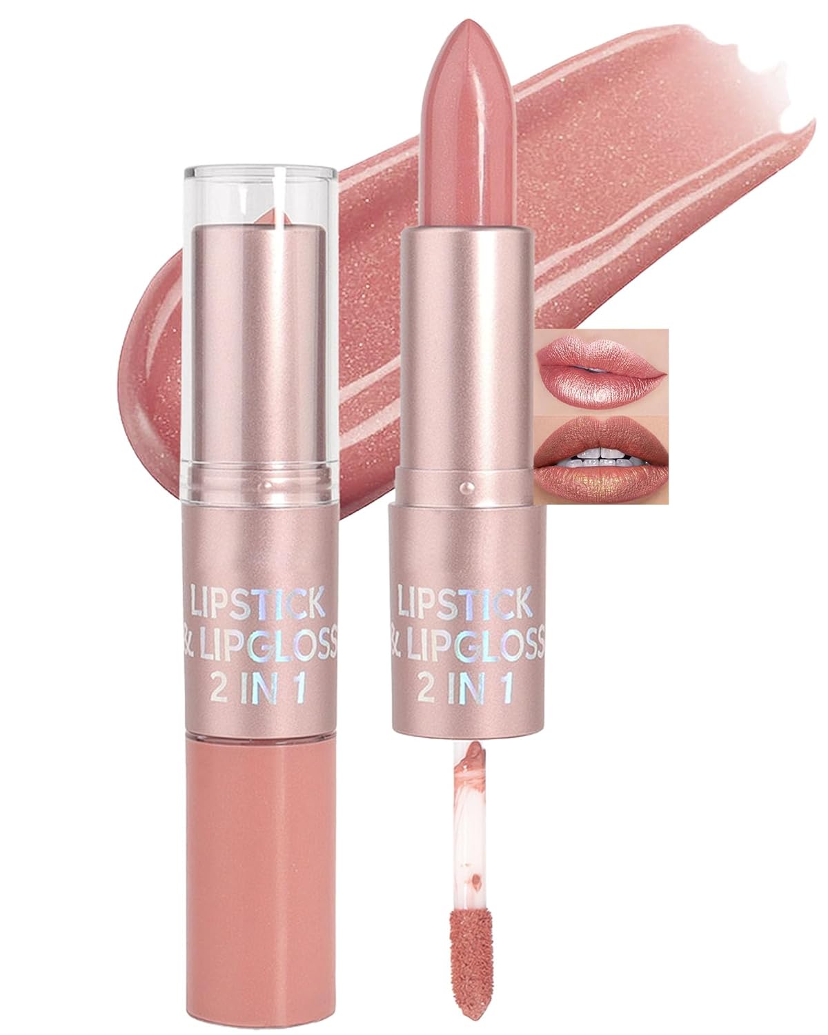 Glitter Metallic Lipstick and Lip Gloss Combo,Rose Nude Diamond Shimmer Liquid Metallic Lipsticks for Women,Long Lasting Waterproof 2in1 Lip Gloss Stain Matte to Glitter Non-Stick Lipliner Makeup-02