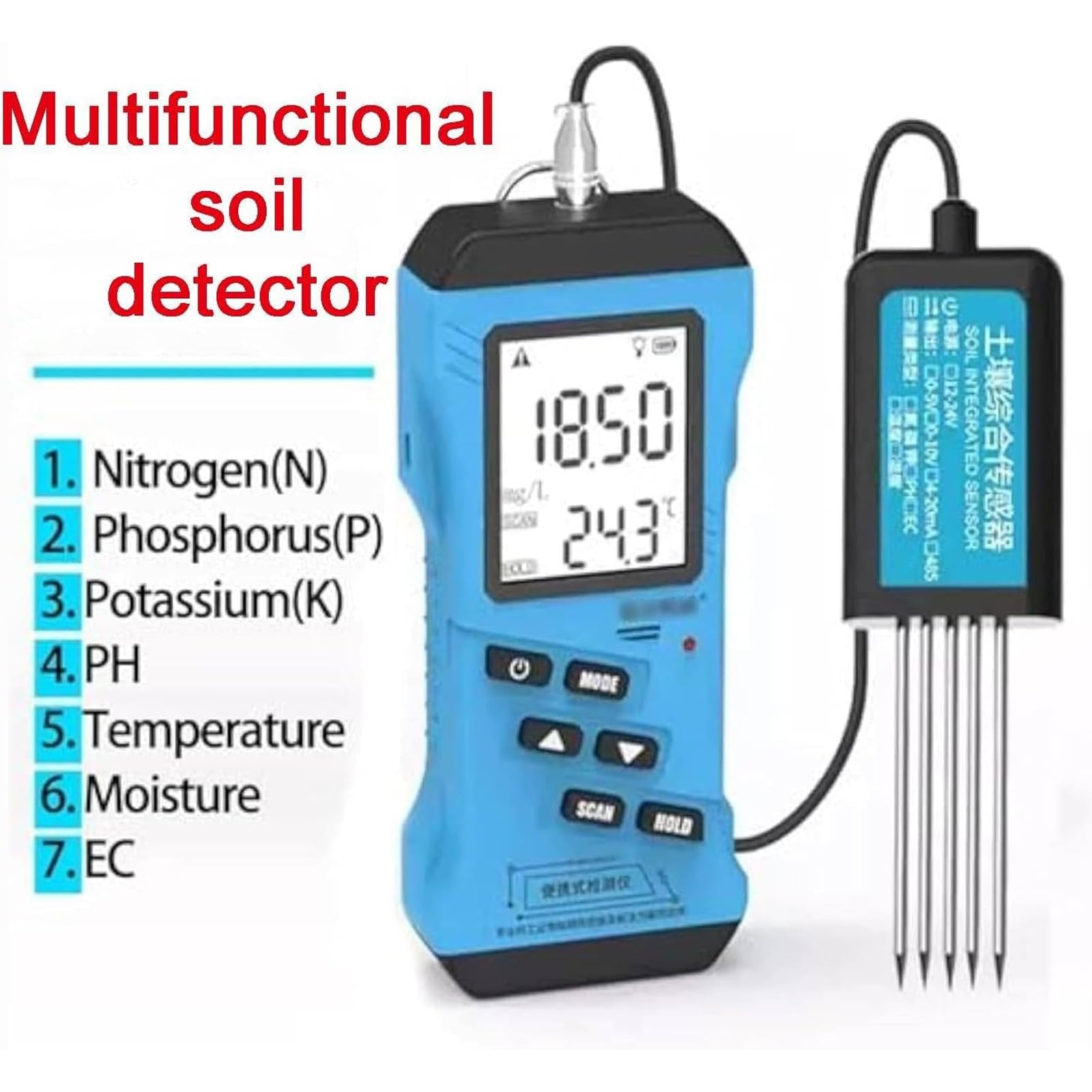 Probador digital de suelo 7 en 1, NPK, pH, humedad, medidor EC para un crecimiento óptimo de plantas, césped, granja, plantas de interior/exterior