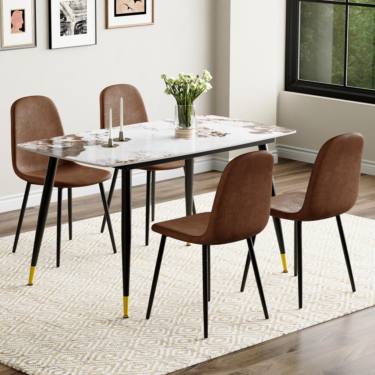 UELKS Small Dining Table Set for 4, Dining Room Table Set for 4, Sintered Stone Kitchen Table Top and Modern Chairs Set of 4 for Kitchen Dining Room,