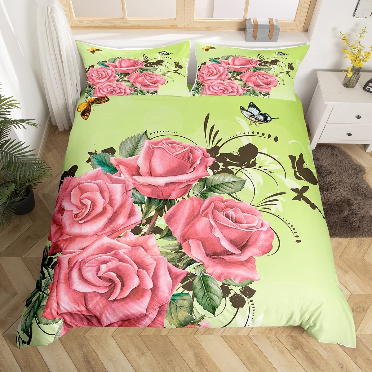 Parure de lit motif floral aquarelle avec housse de couette et taies d'oreiller pour filles