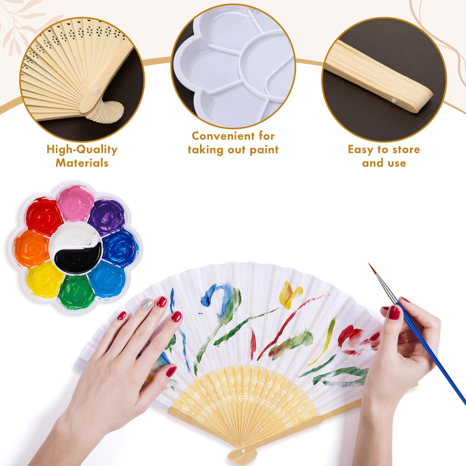 Roowest 12 Set DIY Papierfächer Kit Weiß Faltbare Dekorative Handfächer Bulk mit Farbpaletten und Pinseln für Malerei Party Klassenzimmer Gemeinschaft Kunst Aktivitäten Frauen Bachelorette Party