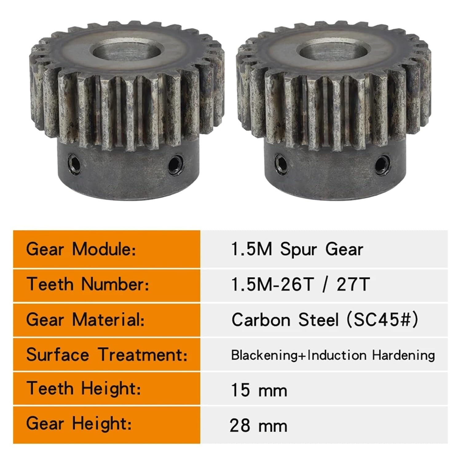 1.5 M-26T/27T Spur Gear Teeth Pitch 4.71mm Bore 8-17 Mm SC45 Carbon Steel 1Pcs(12 mm,26T (Keyway Hole))