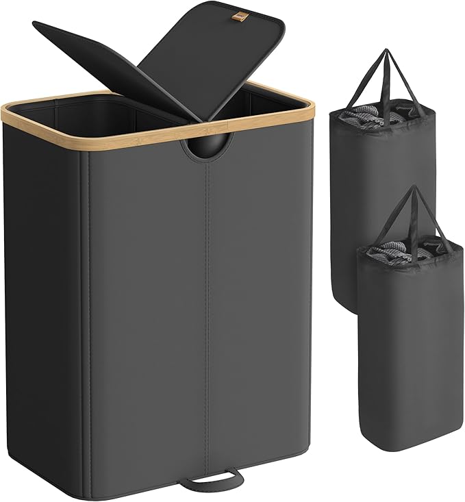 SONGMICS Laundry Hamper with Lids, Laundry Basket with 2 Compartments, 39 Gal. (150 L), Removable Liner Bag, for Laundry Room, Bedroom, Living Room, Ink Black and Light Bamboo ULCB523B01