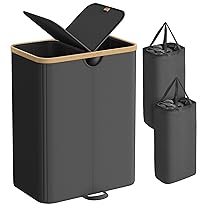 SONGMICS Cesto Portabiancheria a 2 Scomparti, Porta Biancheria 150 L, con Coperchio, Sacchi Interni Rimovibili, per Lavanderia Camera da Letto Soggiorno, Nero Inchiostro e Beige Naturale LCB523B01